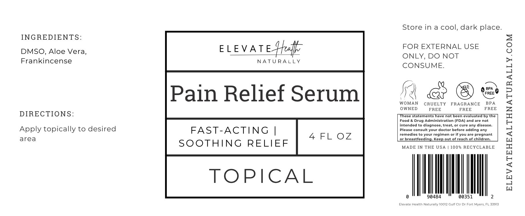 Topical Pain Relief Serum product label