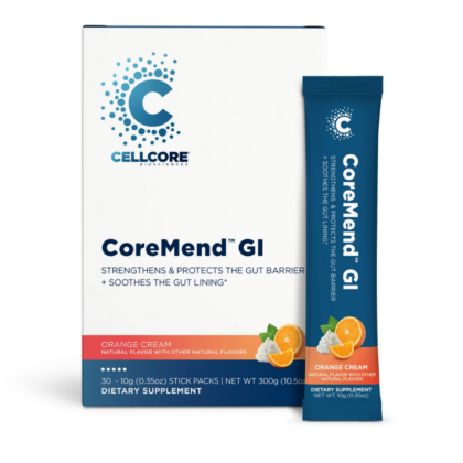 Box of Coremend GI with a packet next to it